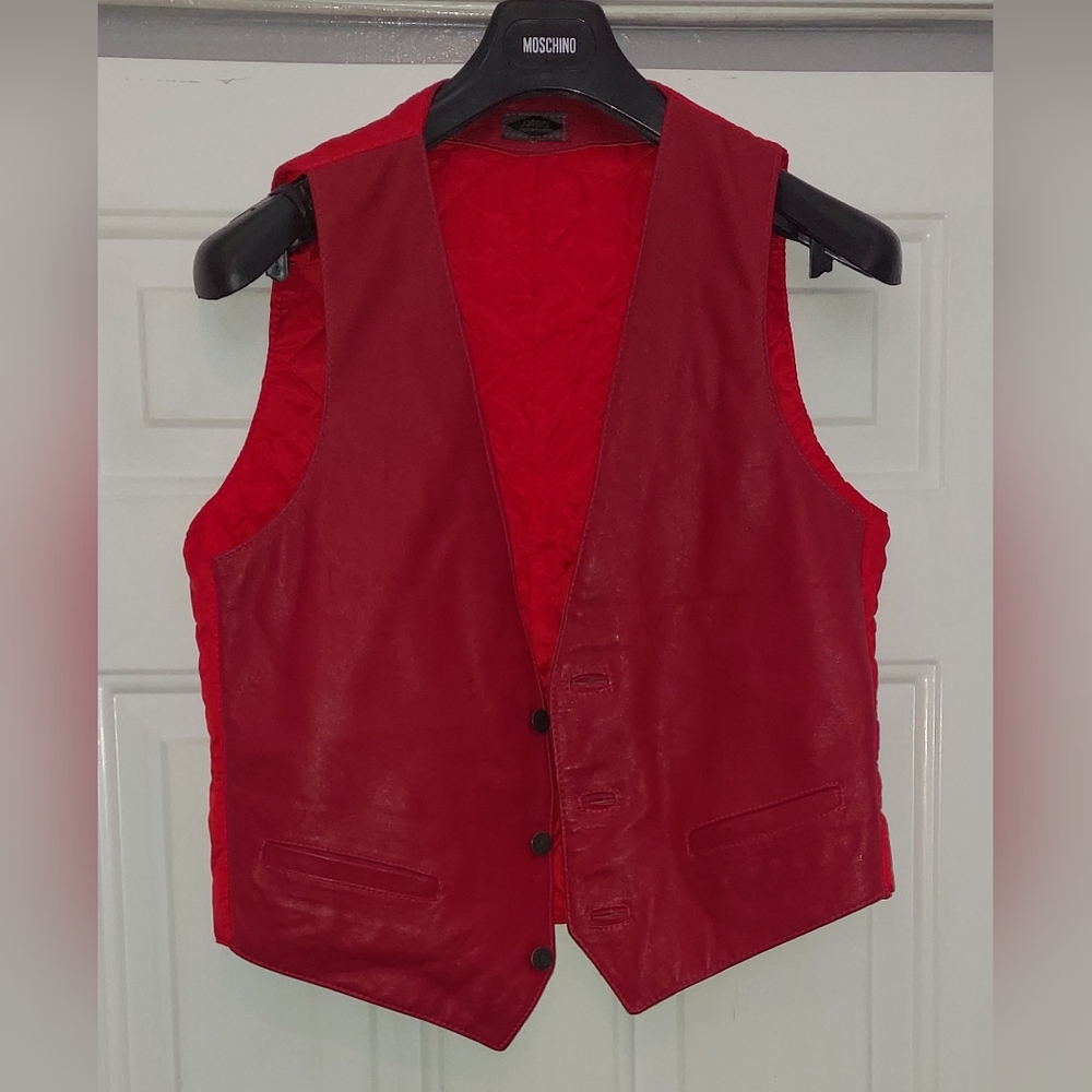JOHNNY MEN'S RED LEATHER FRONT 4-BUTTON WAIST VEST SIZE S MADE IN FLORENCE ITALY